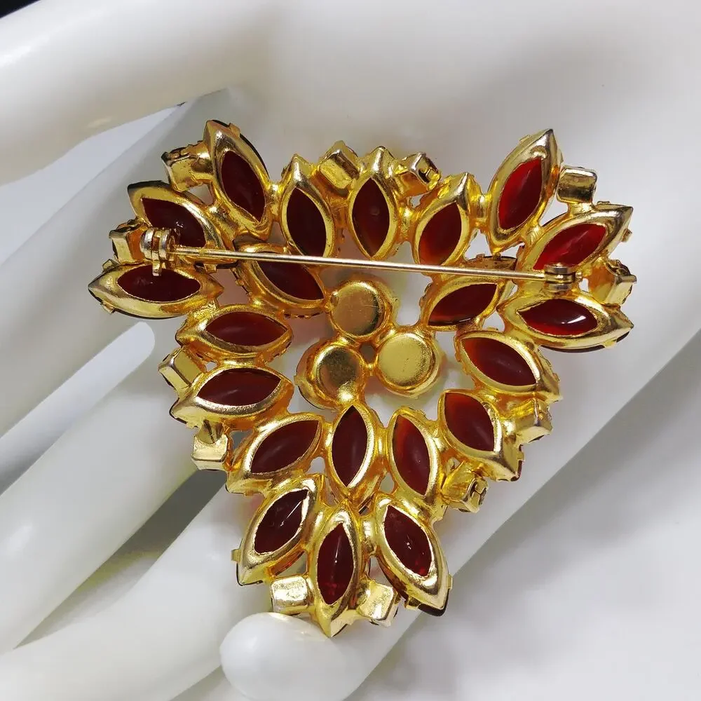 Red Art Glass & Rhinestone Brooch, Gold Plated, Juliana Style, 1960s Vintage